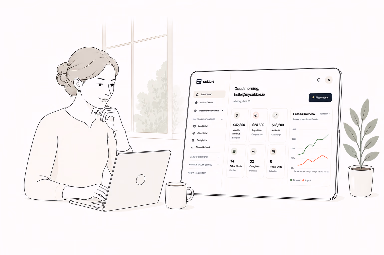 cubbie dashboard shown beside an agency owner working from a calm desk